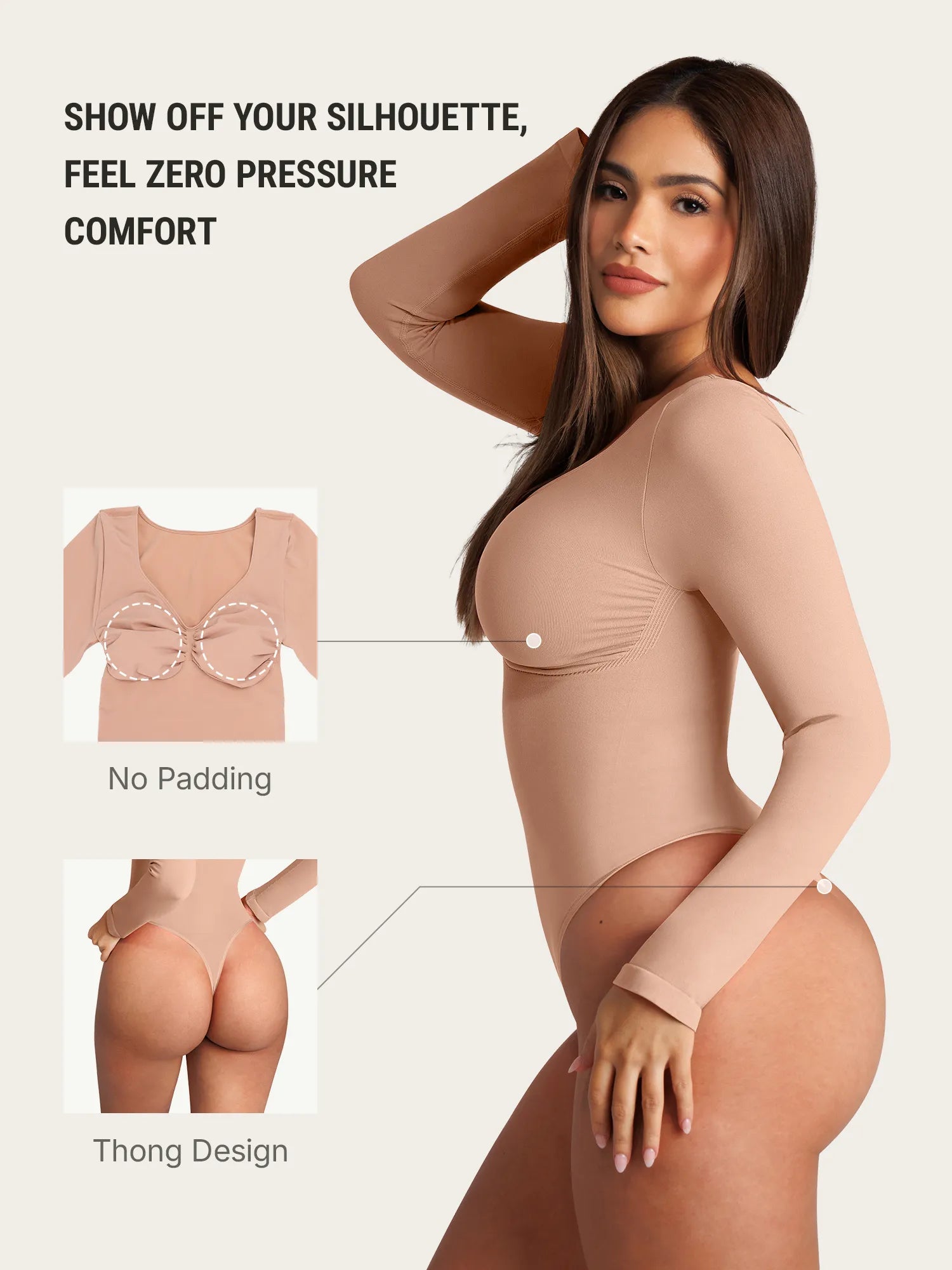 Neonwears Seamless Long Sleeve Tummy Control Thong Bodysuit