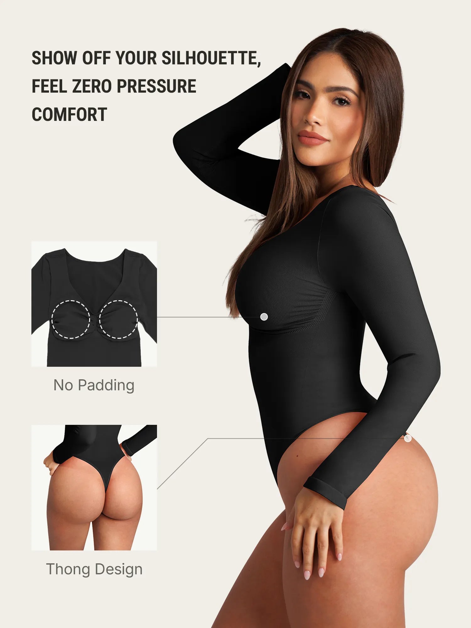 Neonwears Seamless Long Sleeve Tummy Control Thong Bodysuit