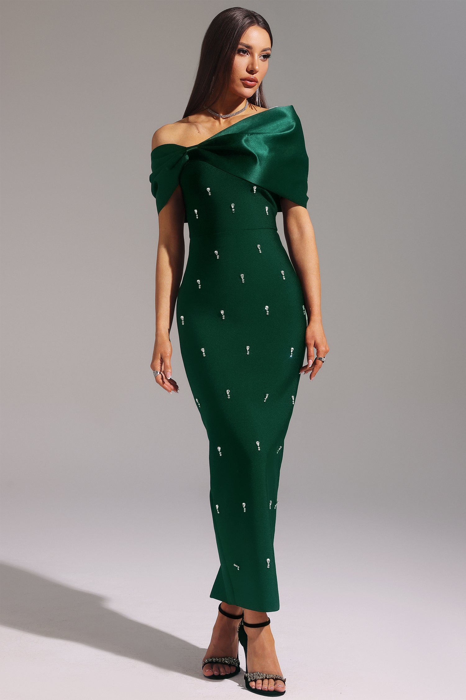 Palez Sleeveless One Shoulder Diamond Bow Bandage Maxi Dress