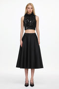 Chic Contonur Sleeveless Feather Sequin Velvet Top and Satin Skirt Set