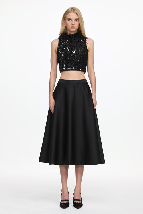 Chic Contonur Sleeveless Feather Sequin Velvet Top and Satin Skirt Set