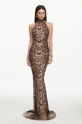 Myka Glamorous Contour Halter Leopard Print Sequin Maxi Dress