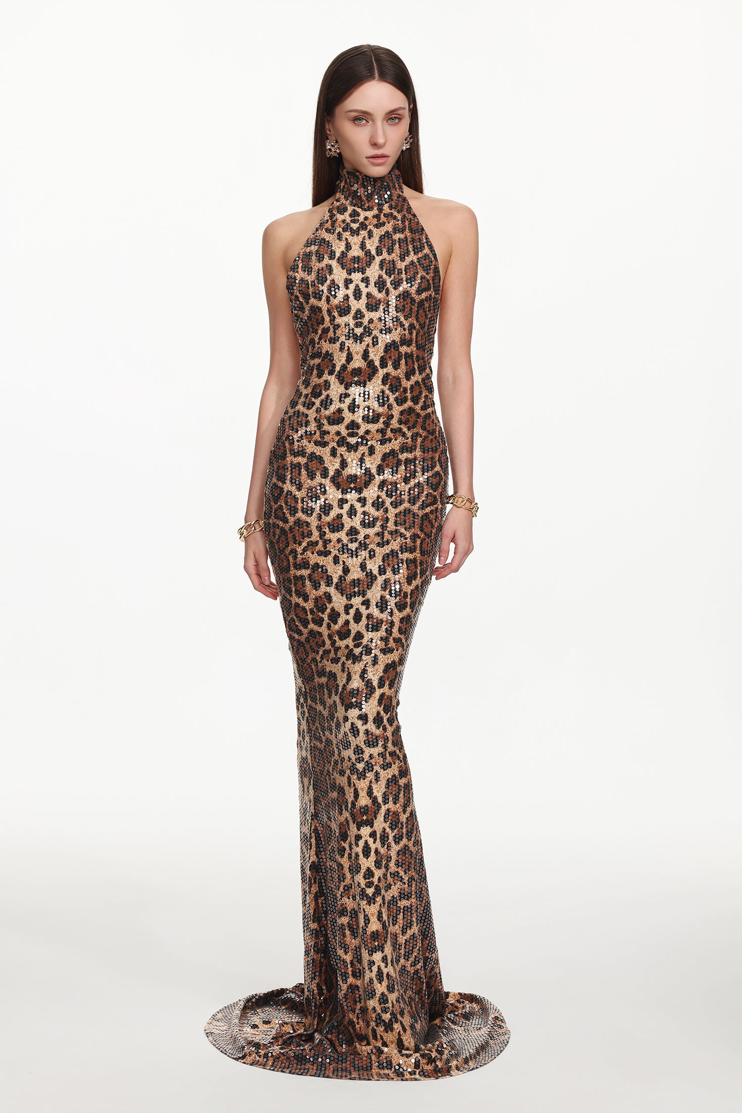Myka Glamorous Contour Halter Leopard Print Sequin Maxi Dress