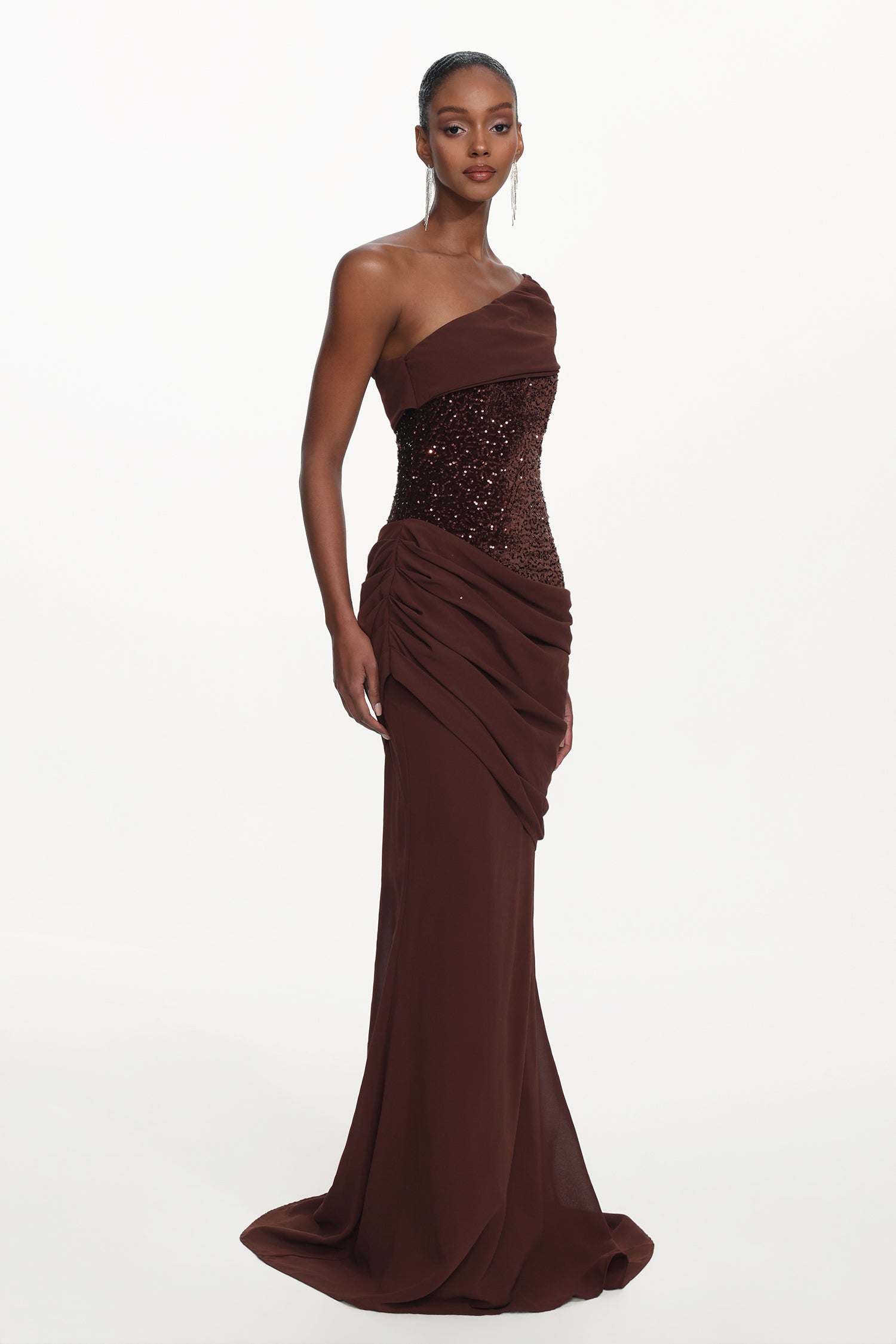 Naleza Chic Contour Off Shoulder Asymmetric Ruched Sequin Maxi Dress