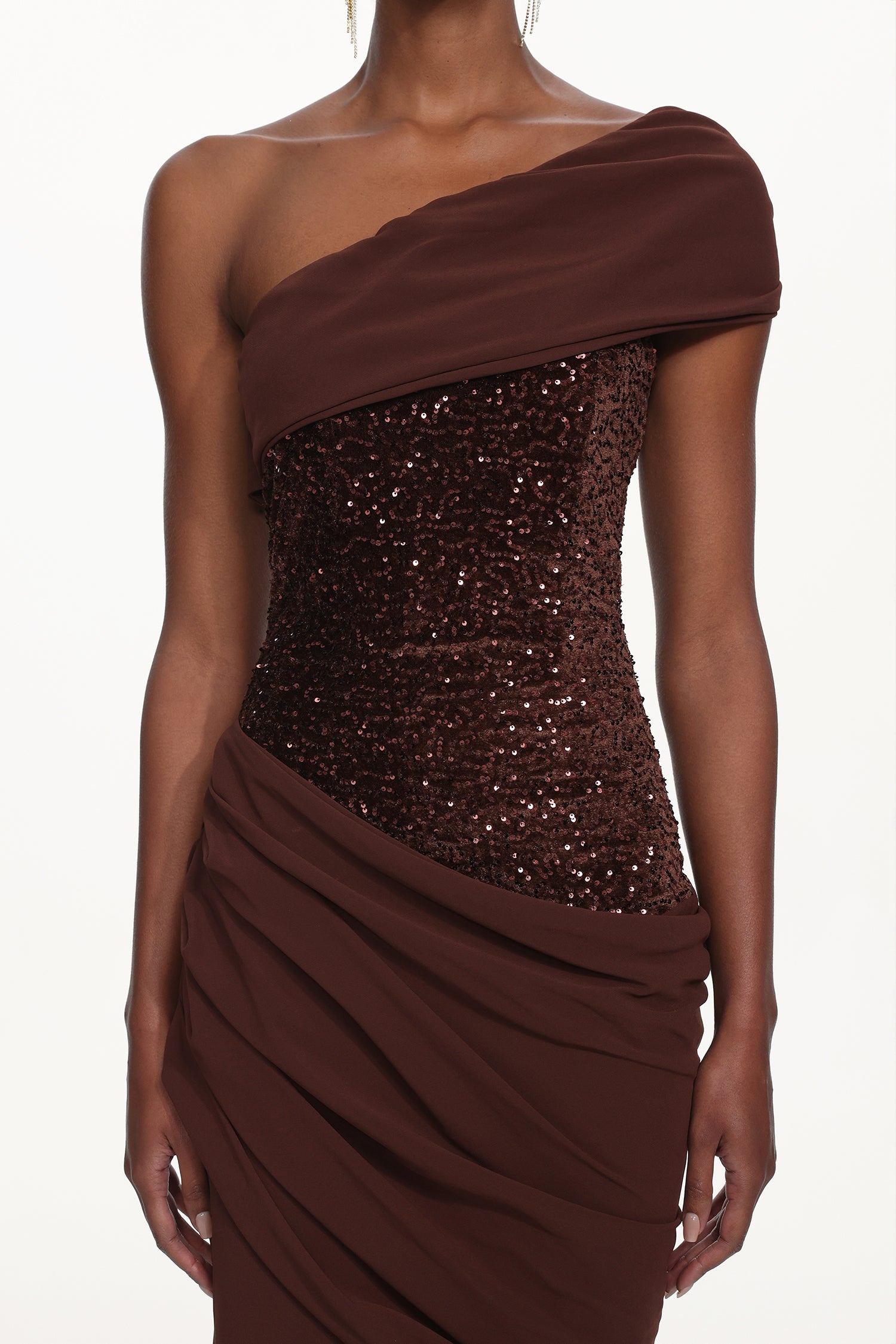Naleza Chic Contour Off Shoulder Asymmetric Ruched Sequin Maxi Dress