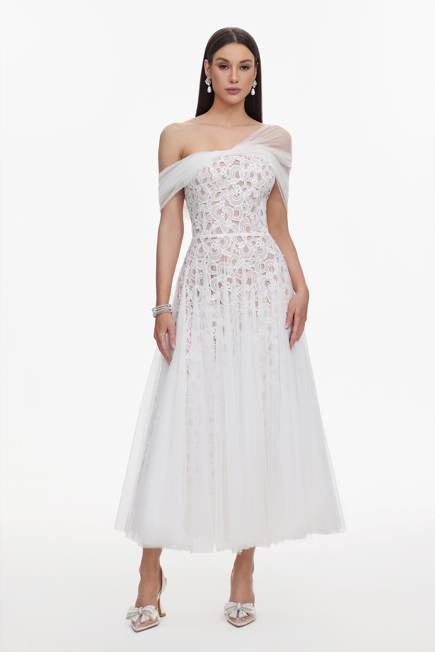Yvonne Elegant Tailored Off Shoulder Lace Tulle Maxi Dress