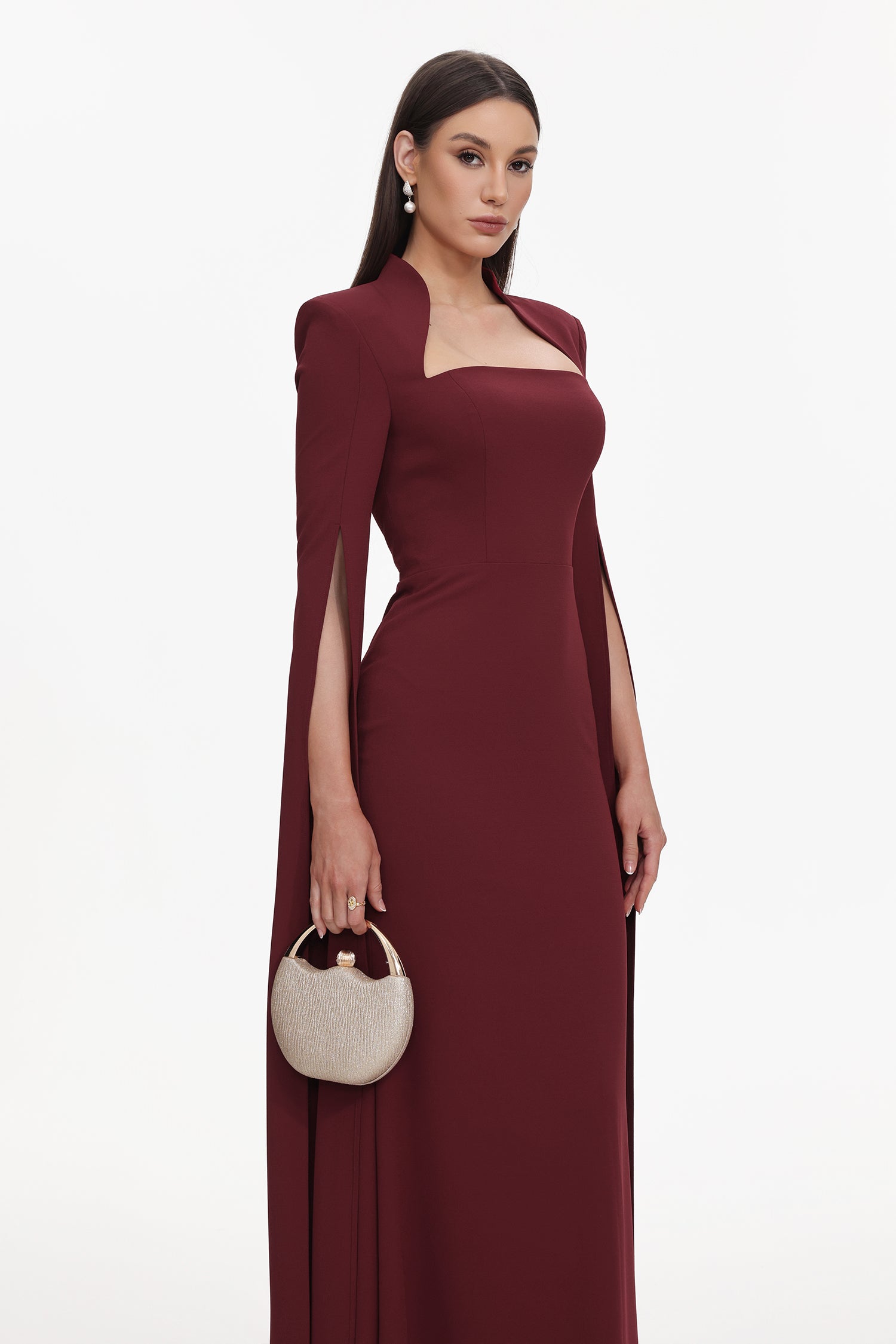 Werko Elegant Tailored Square Neck Cape Sleeve Woven Maxi Dress