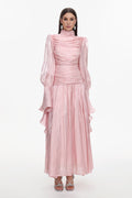 Viky Resort Waist-Defining Long Sleeve Ruched Woven Maxi Dress