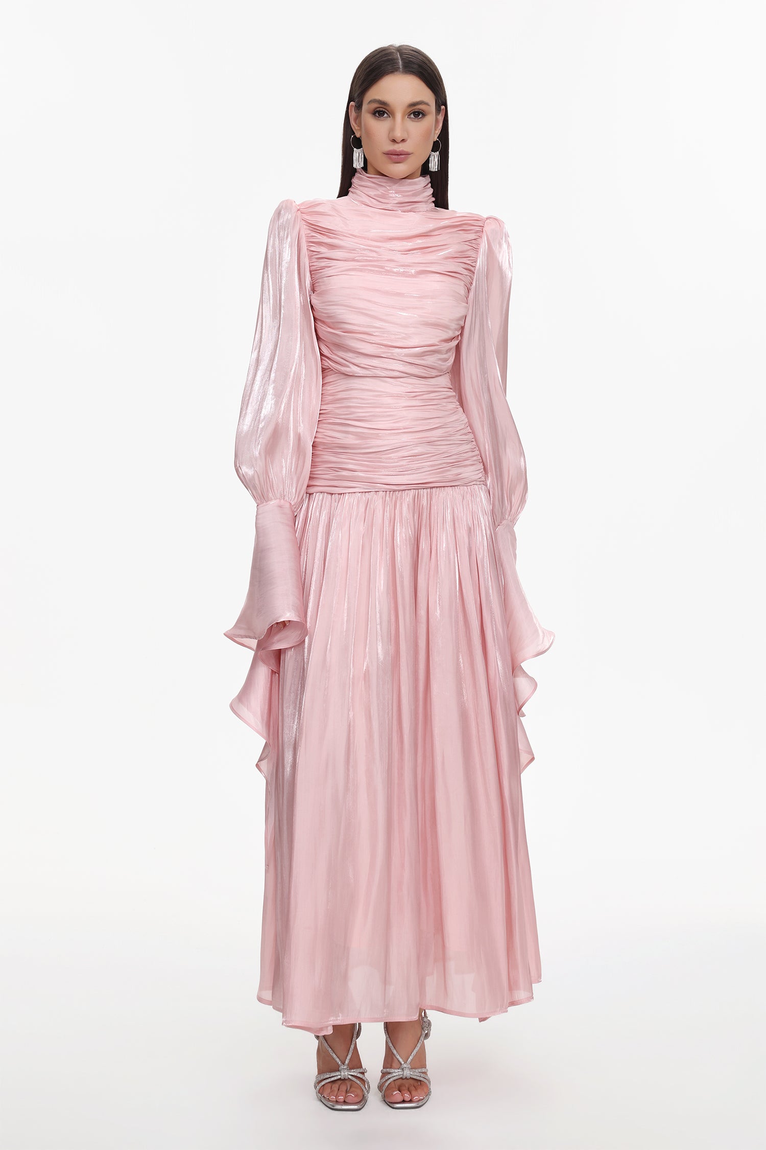 Viky Resort Waist-Defining Long Sleeve Ruched Woven Maxi Dress