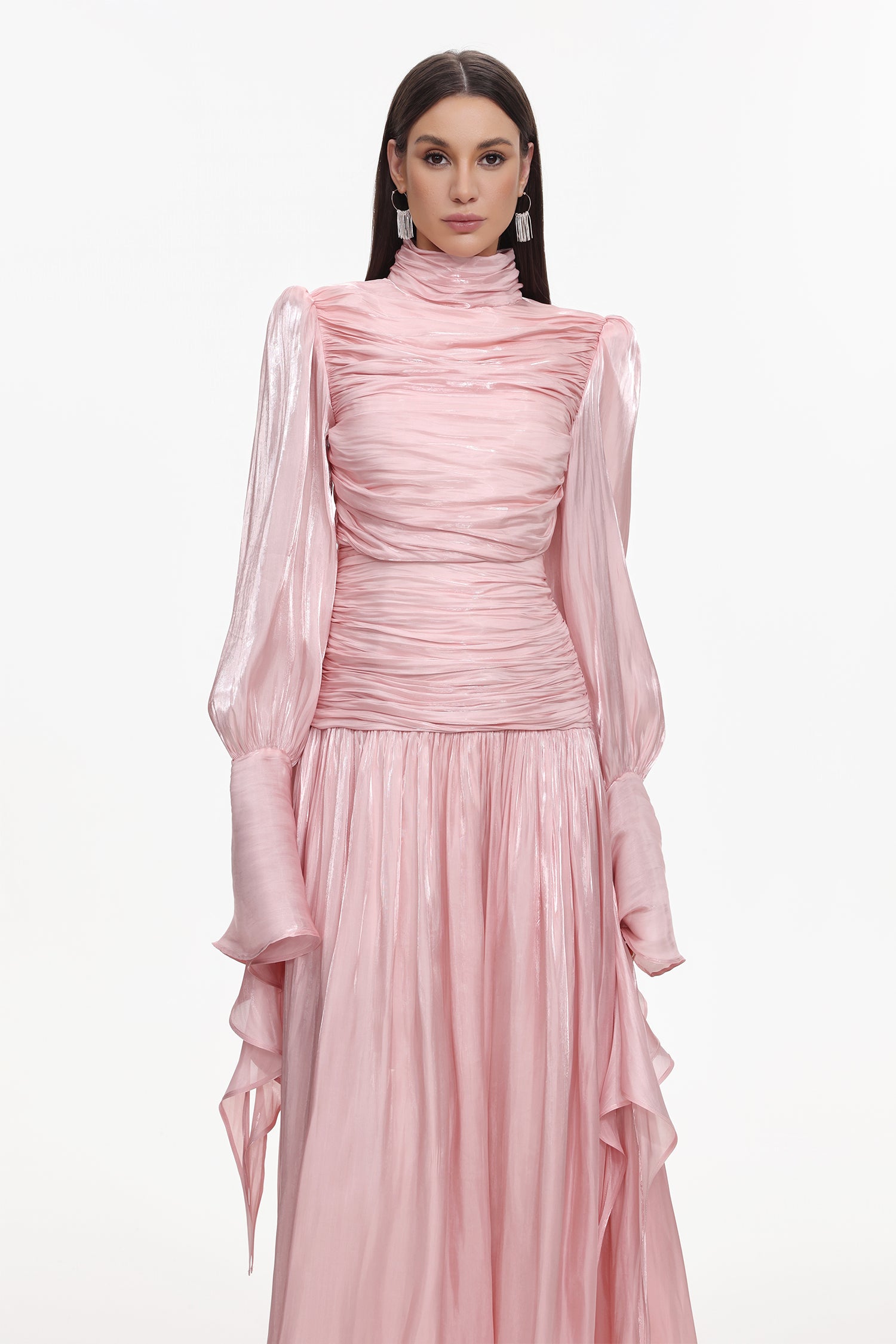 Viky Resort Waist-Defining Long Sleeve Ruched Woven Maxi Dress