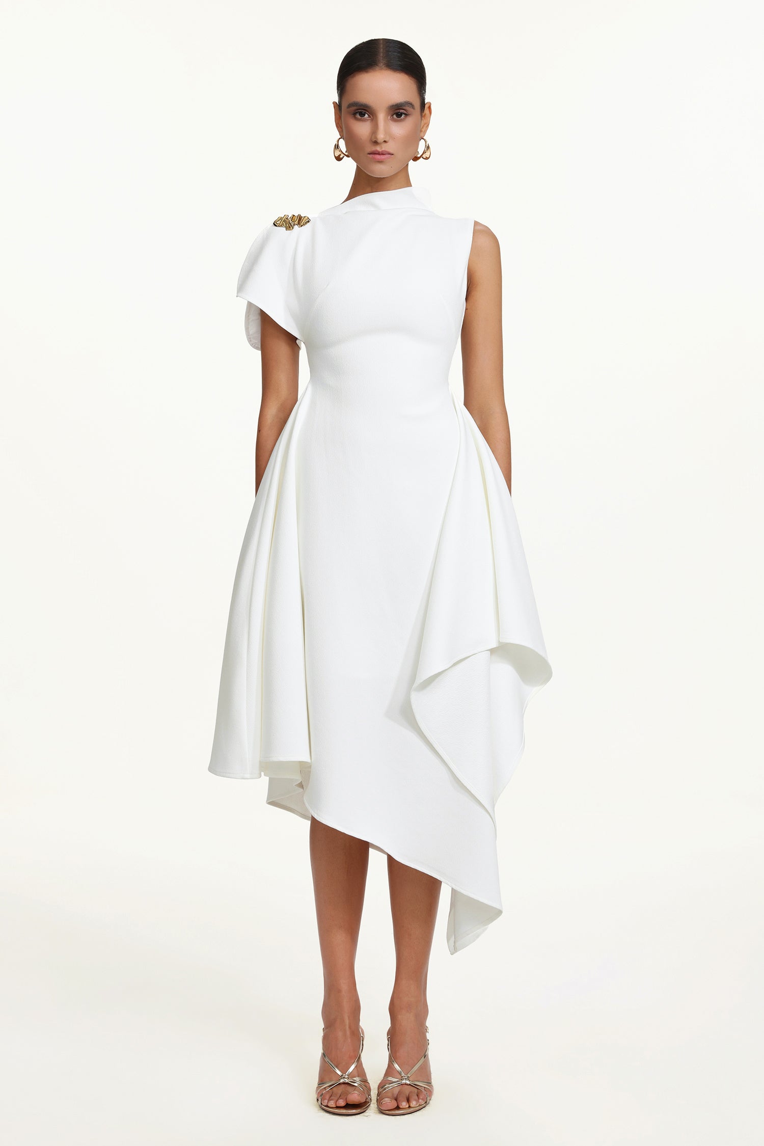 Weren Elegant Contour High Neck Asymmetric Maxi Dress