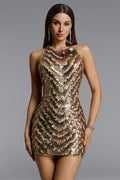 Ferla Glamorous Contour Halter Floral Sequin Mini Dress