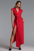 Elin Chic Contour V Neck Twisted High Slit Knit Maxi Dress