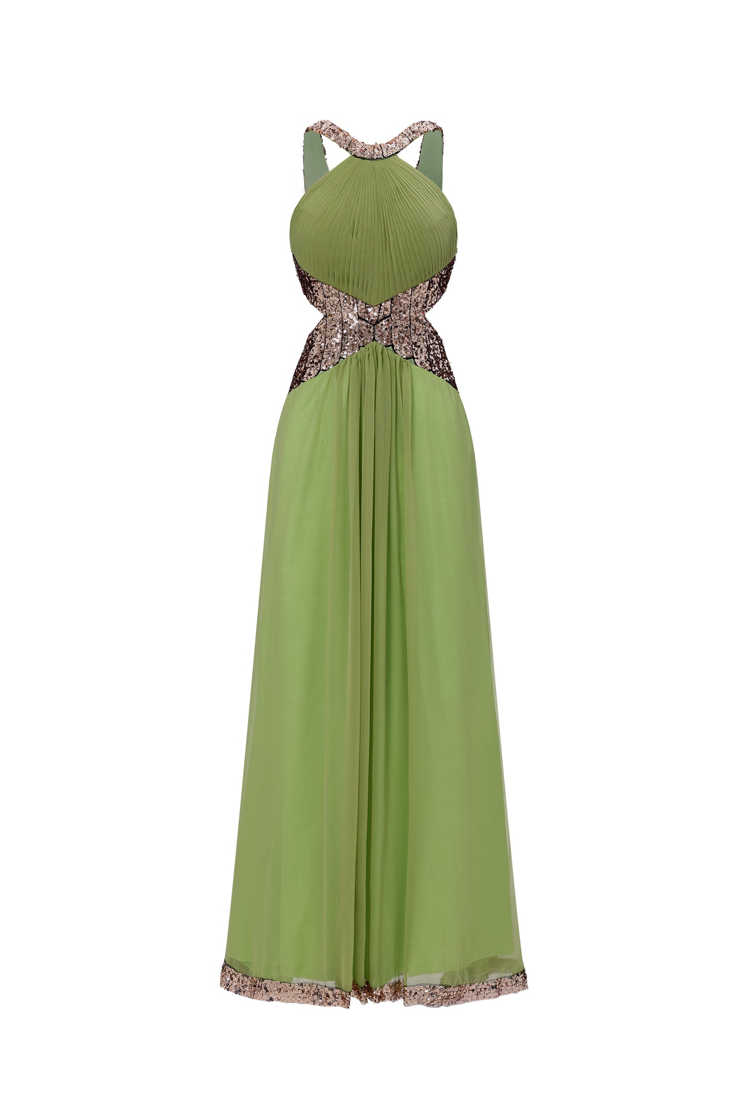 Melisa Chic Flowy Halter Pleated Cut Out Sequin Maxi Dress