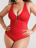 Neonwears Deep V Metal Ring Ruched Sculpting Swimsuit