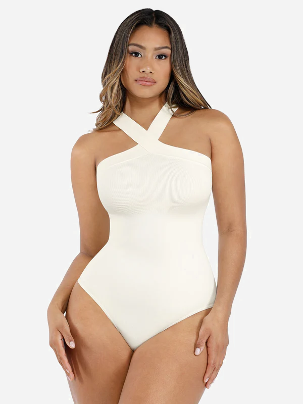 Neonwears Seamless Crossover Halter Thong Bodysuit Shapewear for Everyday Wear